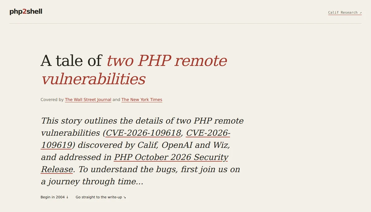PHP2Shell؛ باگ بحرانی PHP که ۷۰٪ سایت‌ها را تهدید می‌کند و راه رفع آن صفحهٔ گزارش PHP2Shell در سایت Calif با اشاره به کشف آسیب‌پذیری توسط Calif، OpenAI و Wiz 