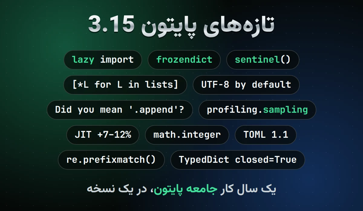 پایتون 3.15 منتشر شد؛ ویژگیهای جدید به زبان ساده %d9%85%d9%82%d8%a7%d9%84%d8%a7%d8%aa پایتون 3.15 منتشر شد؛ ویژگیهای جدید به زبان ساده فهرست ویژگیهای جدید پایتون 3.15: lazy import، frozendict، sentinel، UTF 8 پیشفرض و پروفایلر جدید
